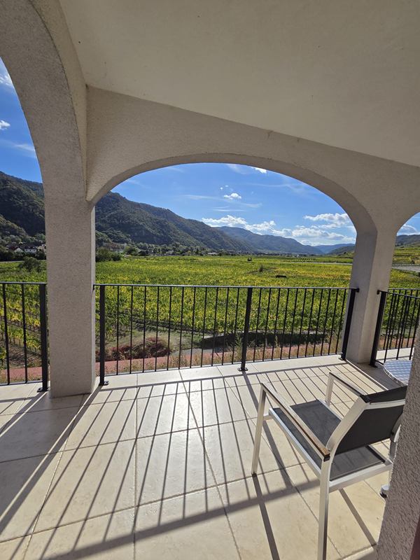 Arkaden-Terrasse mit Stuhl und Blick über die Weingärten