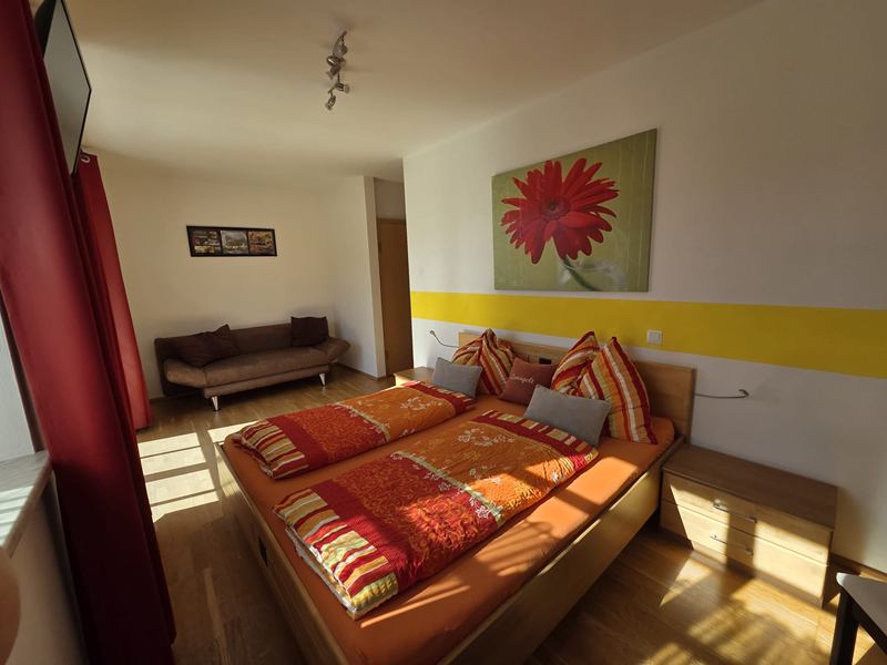 Zimmer Zweigelt mit Doppelbett, Sofa und großem Wandbild